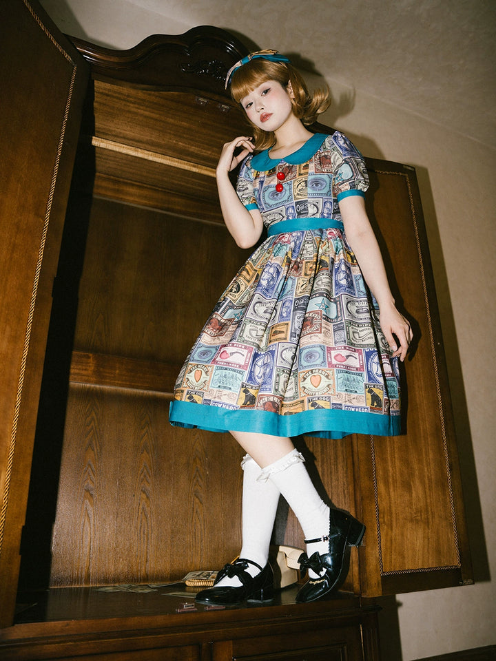 Miss Cube - Antique Label - Retro Lolita OP Dress Short Sleeve Dress