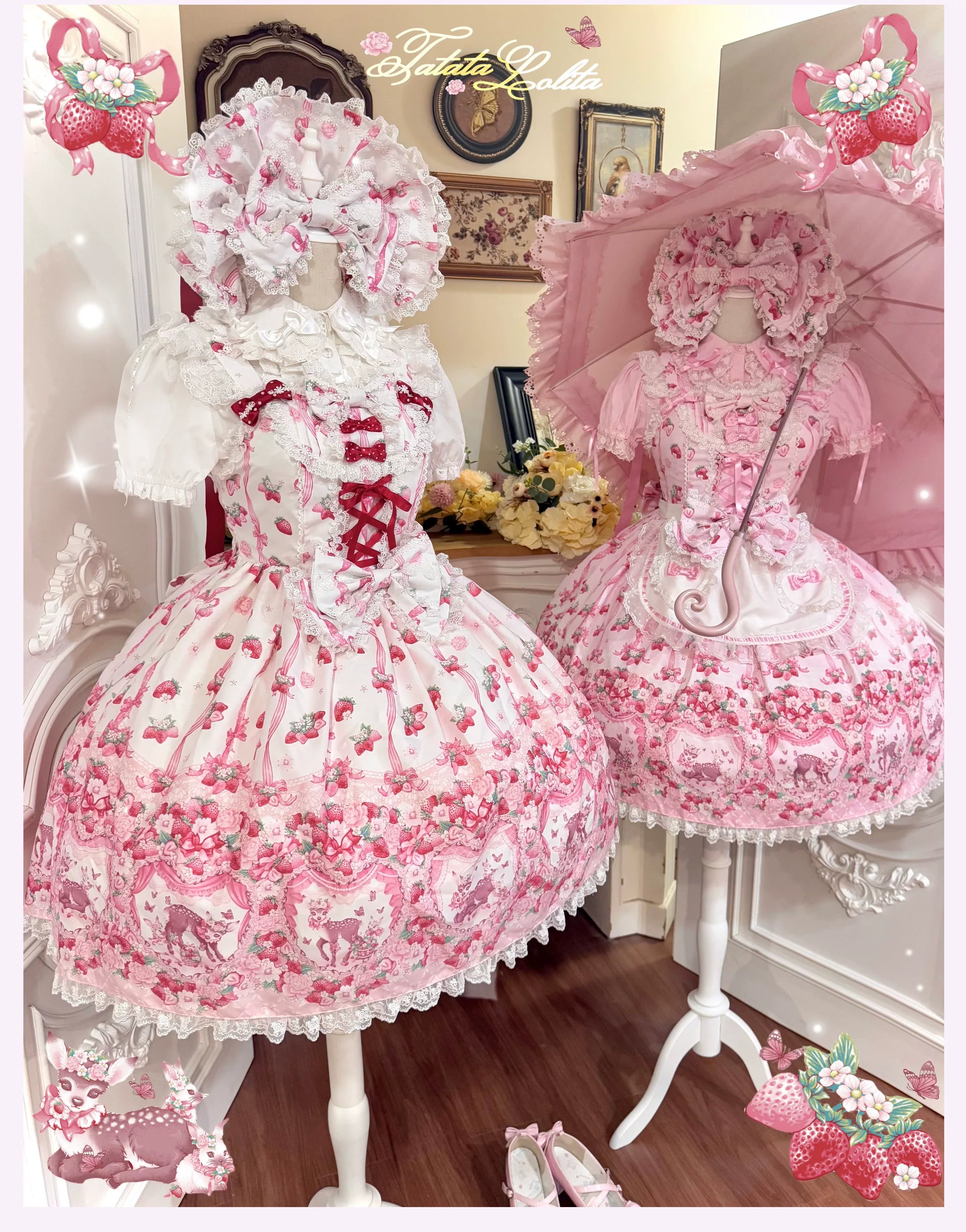 Deer Strawberry Garden - Old School Lolita Deer & Strawberry Printed JSK Dress 45681:860537