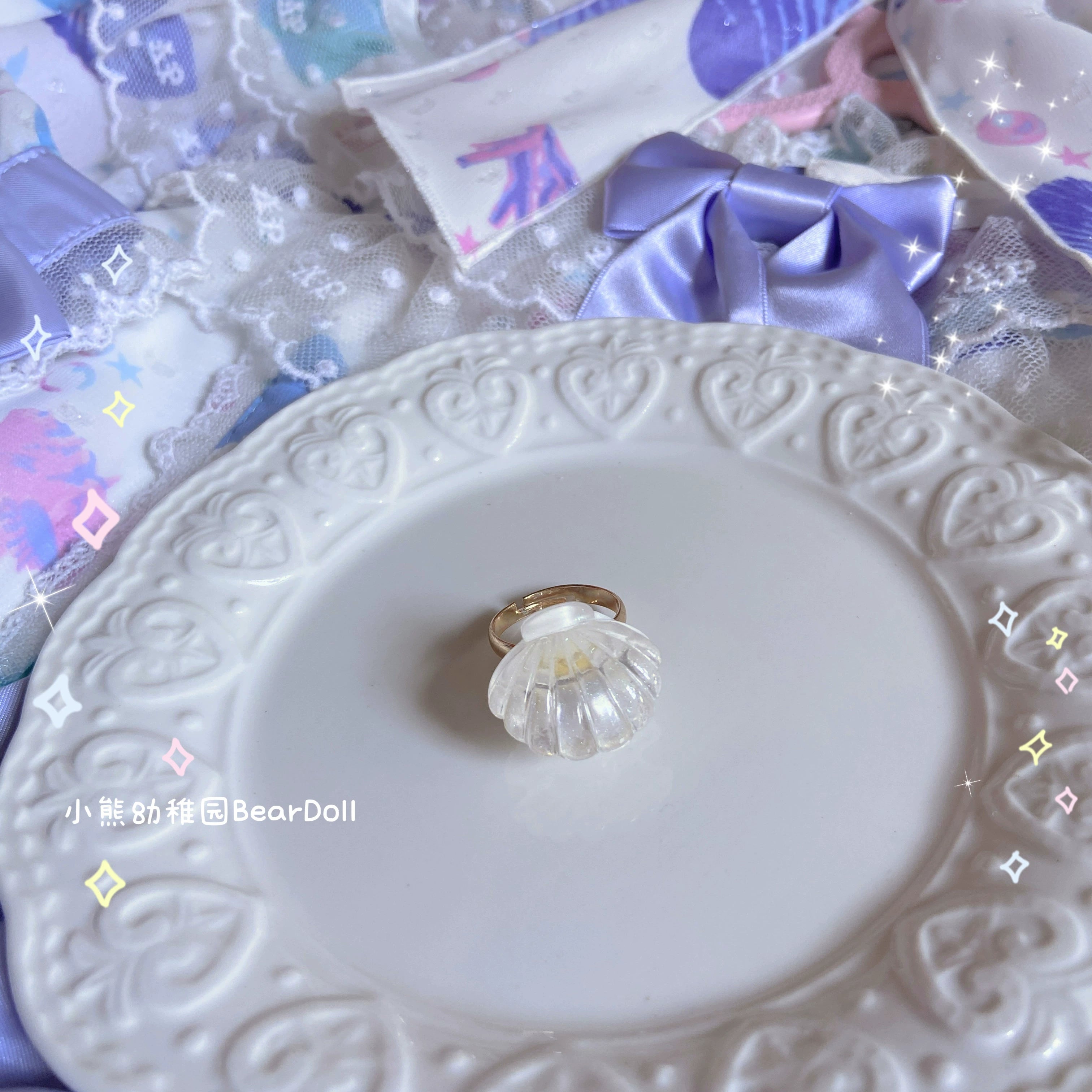 Bear Doll~Kawaii Lolita Ring Adjustable Shell Heart Shape Accessories 36060:510216