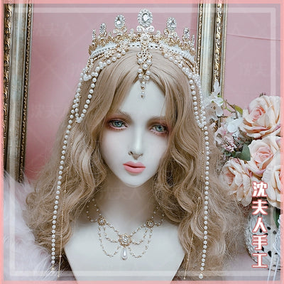 (BFM)SL Handmade~Wedding Lolita Accessory Crystal Pearl Crown Necklace   
