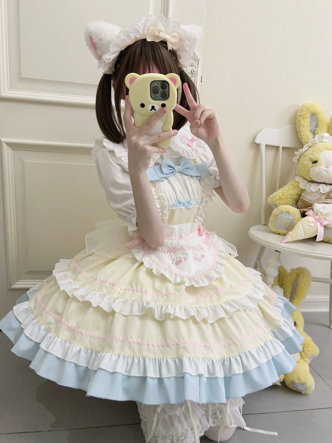 Sugar Girl~Cat Ear Tale~Sweet Lolita Jumper Dress Suspender Dress S Yellow JSK + Apron