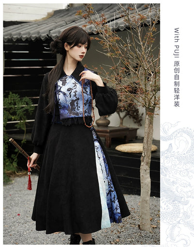 With PUJI~Lingxiao~Winter Lolita Dress Suit Set with Chinese Prints   