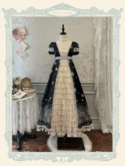 Alice girl~Night Rose~Retro Lolita Dress Floral Print Short Sleeve OP Dress black (long style) XS 