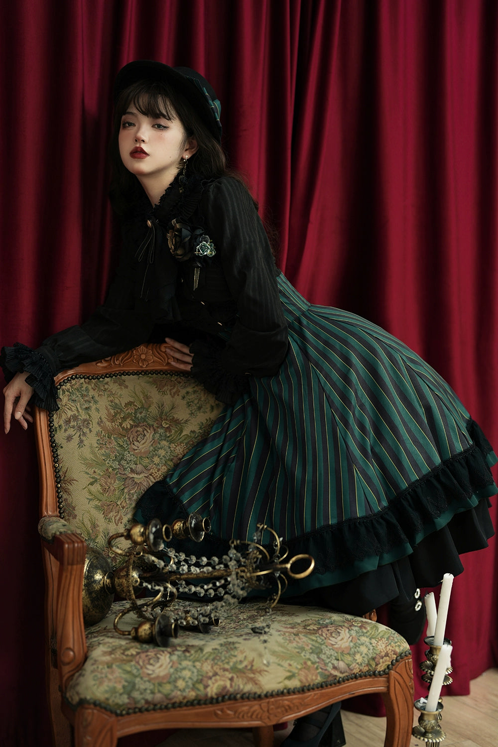 Miss Point - Customized Lolita Elegant Striped High Waisted Fishbone SK