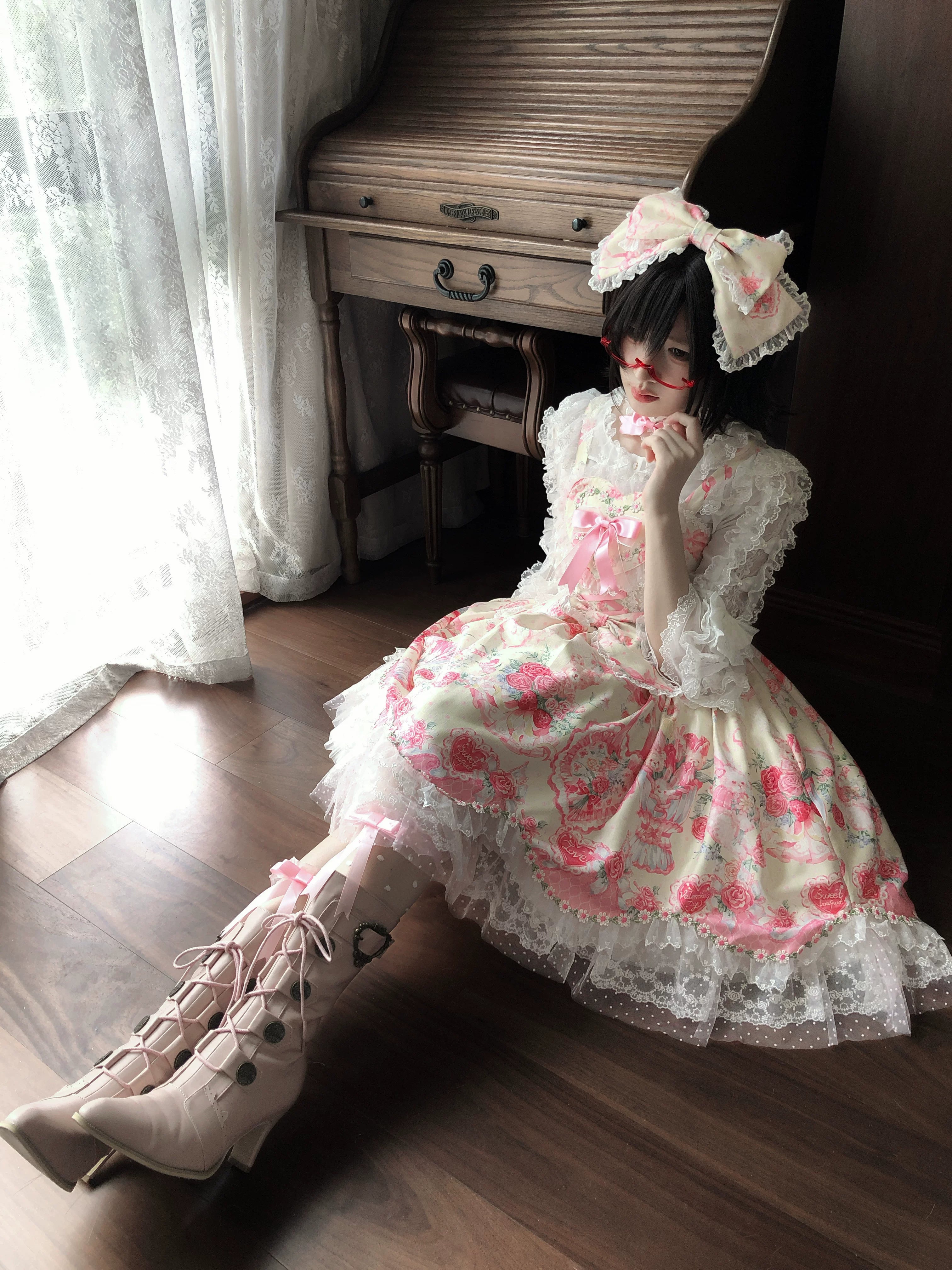 Valentine Bouquet - Old School Lolita Bouquet Printed JSK Dress with Bows 45553:852629