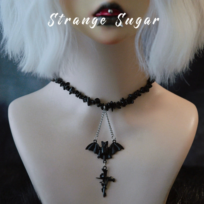 Strange Sugar - Handmade Gothic Lolita Choker, Multiple Pendant Bat Cross 2