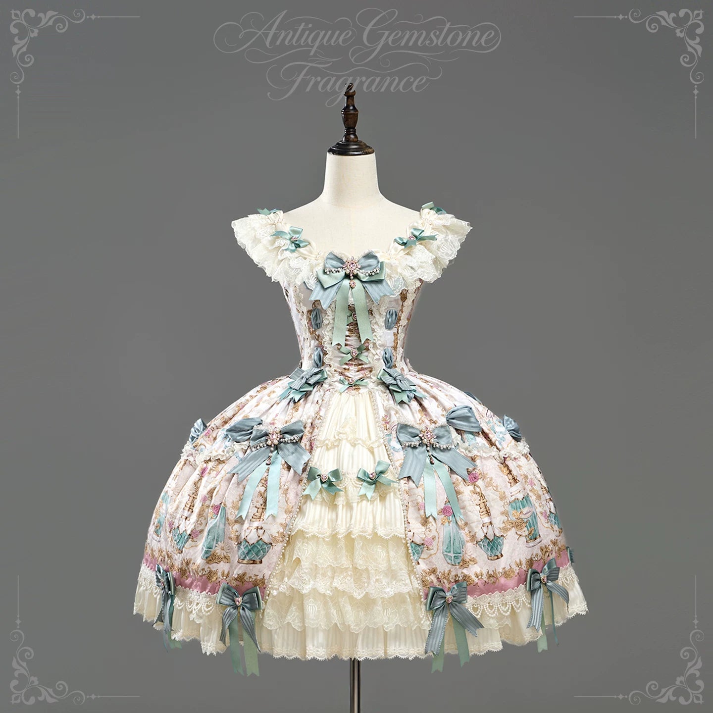 Antique Gem Fragrance - Gorgeous Classic Lolita Dress Set, Floral and Bottle Print (L M S XL XS) 45483:851722