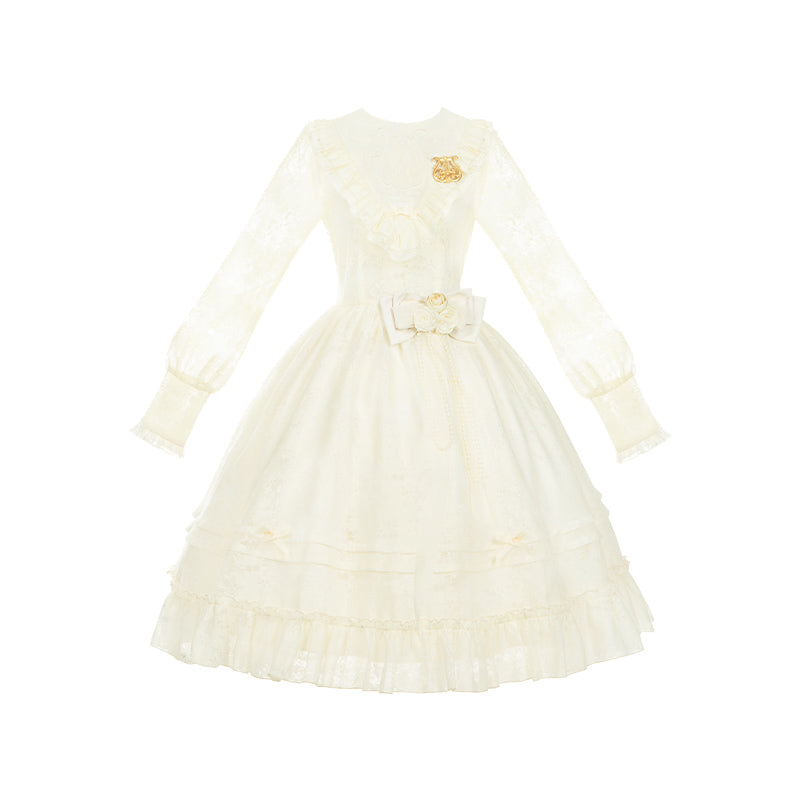 With PUJI~Floral Melody~Ivory Classic Lolita Long Sleeve OP Dress with Layered Bolero