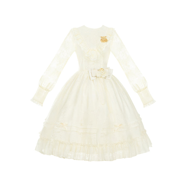 With PUJI~Floral Melody~Ivory Classic Lolita Long Sleeve OP Dress with Layered Bolero