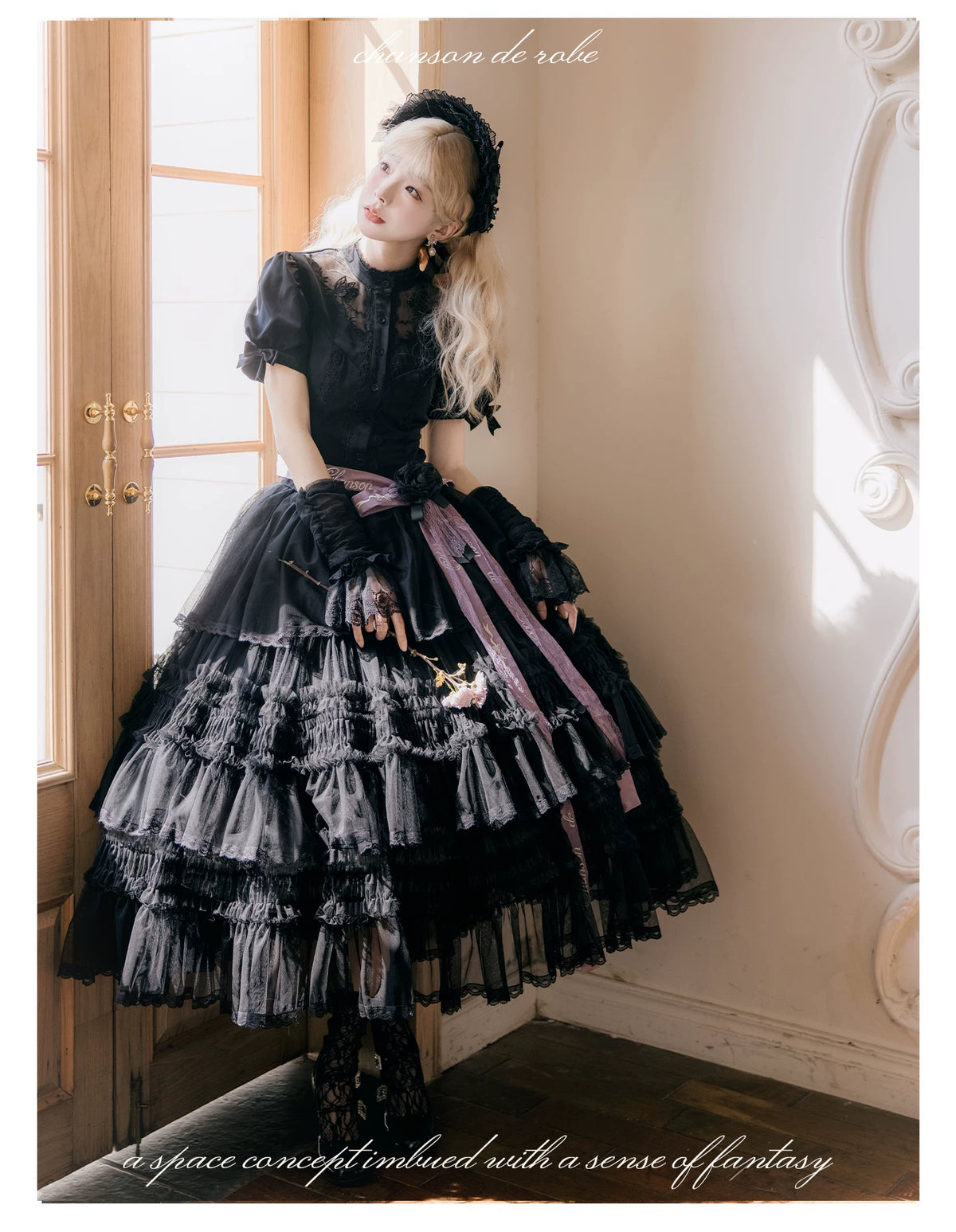 Glass Floral Garden - Classic Lolita Blouse and SK Set, Butterfly Embroidered 45978:870291
