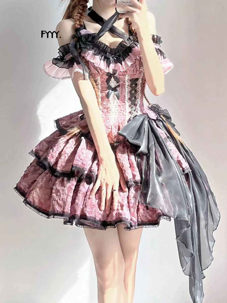 Xingweimian - Medea's Kiss - Gothic Lolita Dress Tiered Hem Pink JSK Dress Set S flower headdress