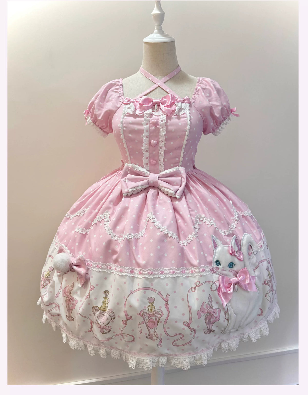 Perfume Kitty - Cotton Old School Lolita OP Dress, Perfume Print & Cat Patch (L M S XL) 46037:873481