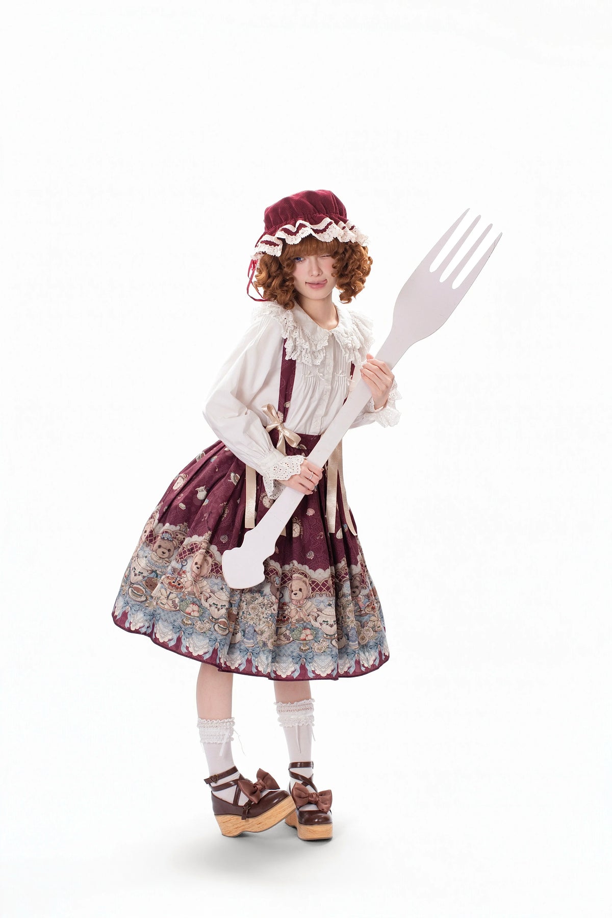Bear's Tea Party - Kawaii Vintage Lolita Suspender Skirt, Bear Print 46007:871893