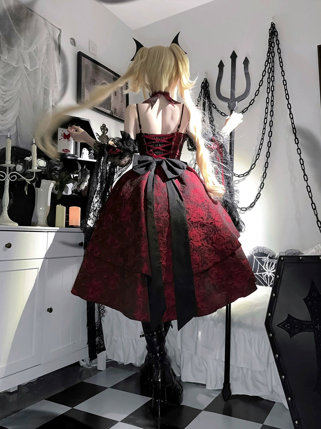 Cornfield Lolita~Rose Blood~Black Red Gothic Lolita JSK Jacquard Court Dress 40688:673044