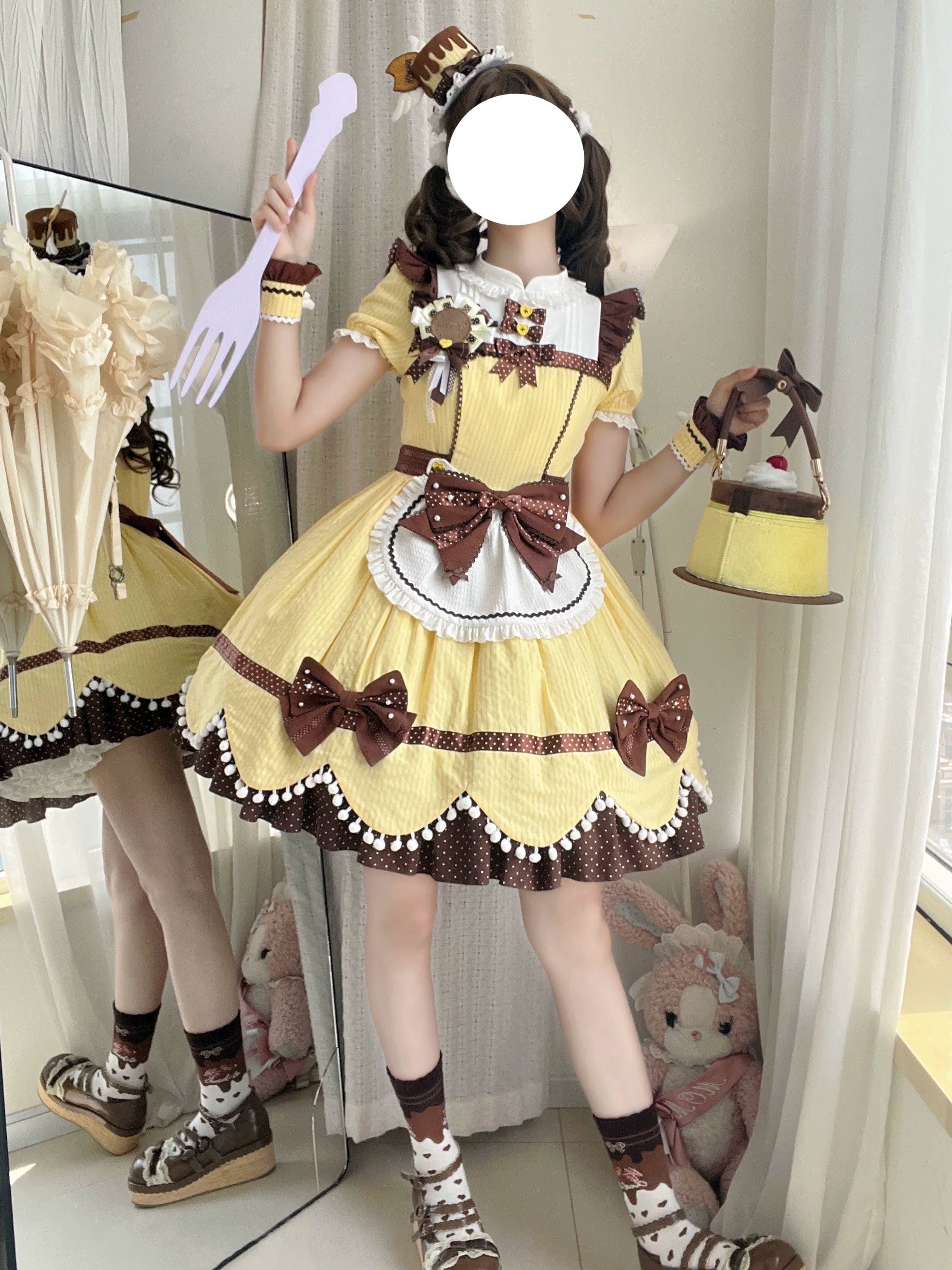 Biscuit Tata - Doll-like Sweet Lolita Dress, Detachable Chocolate Bows 45852:865148