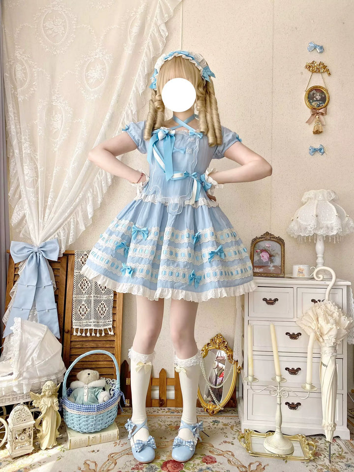Uncle Wall Original~Cream Piping Artist~Cotton Sweet Lolita OP Halter-neck Dress With Accessory