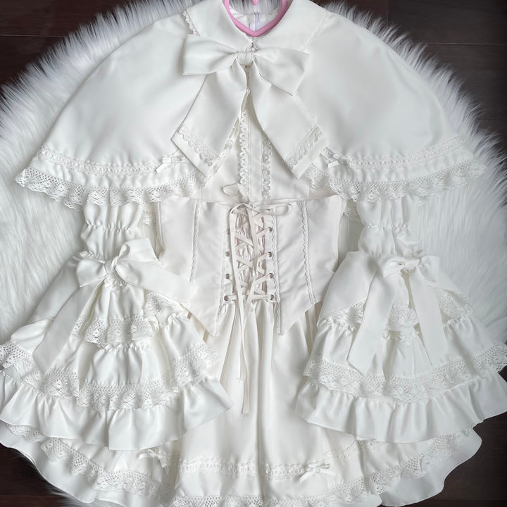 Mengfuzi~Doll Heart~Gorgeous Lolita Dress Vintage OP Cape Set S White full set 