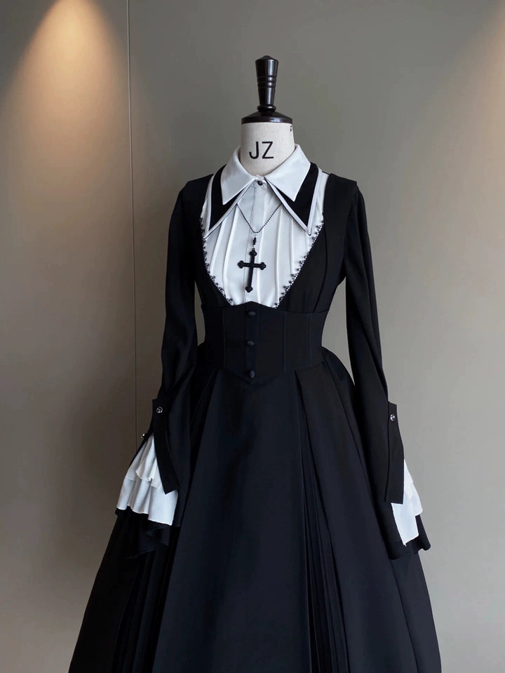 Cute Girl~Cross Praise~Gothic Lolita OP Dress Nun Style Long Sleeve Dress S Shirt + Suspender Waistband Skirt (No Necklace) 