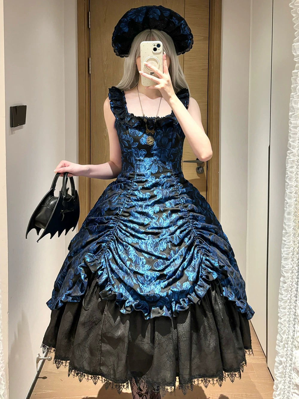 Midnight Lily - Gothic Lolita Lily Jacquard JSK Dress, Drawstring Lift-up Hem 45765:861832