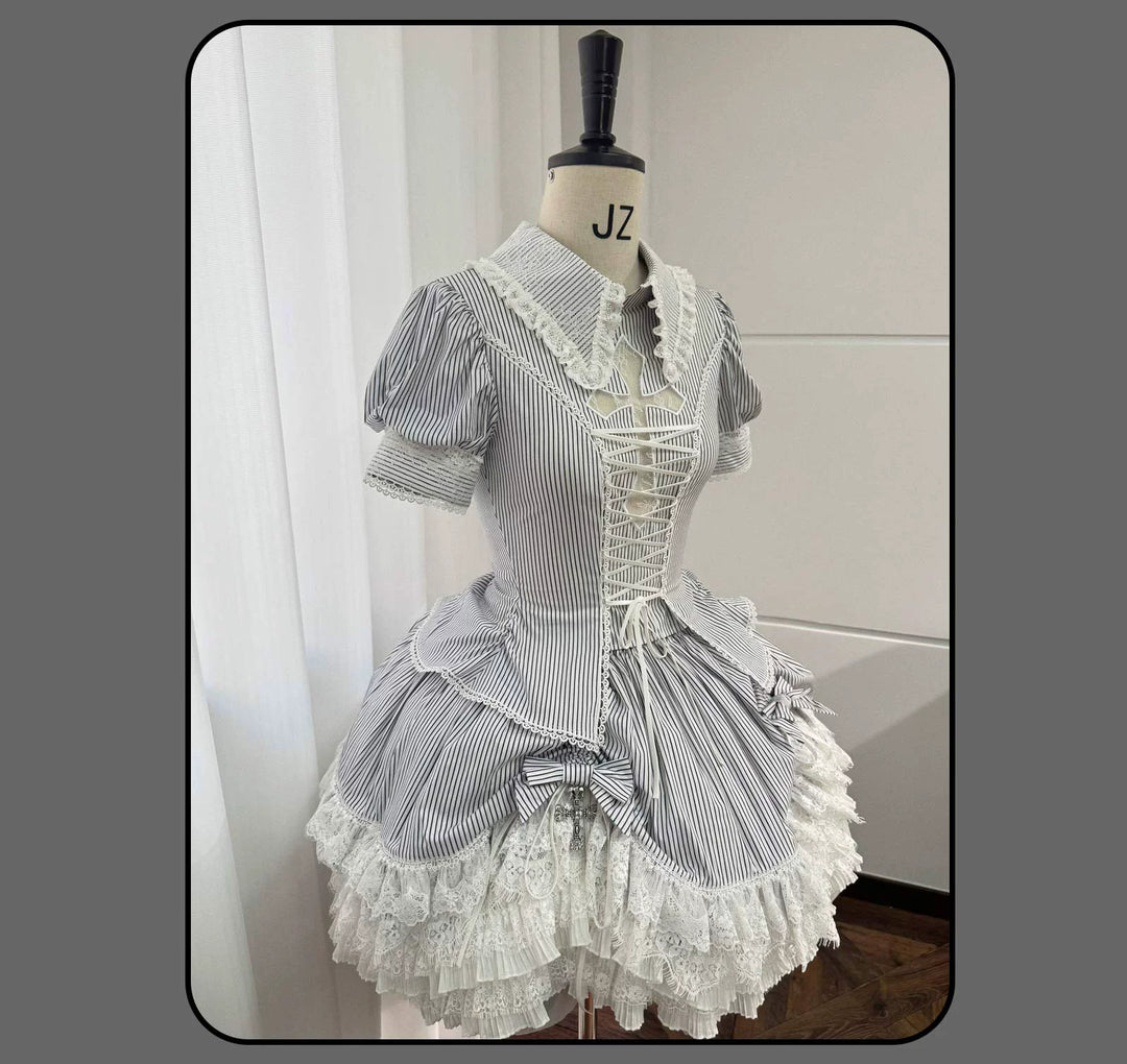 Susin Lolita - Striped Cross - Gothic Coordinated Lolita Set, Adjustable Blouse & Skirt
