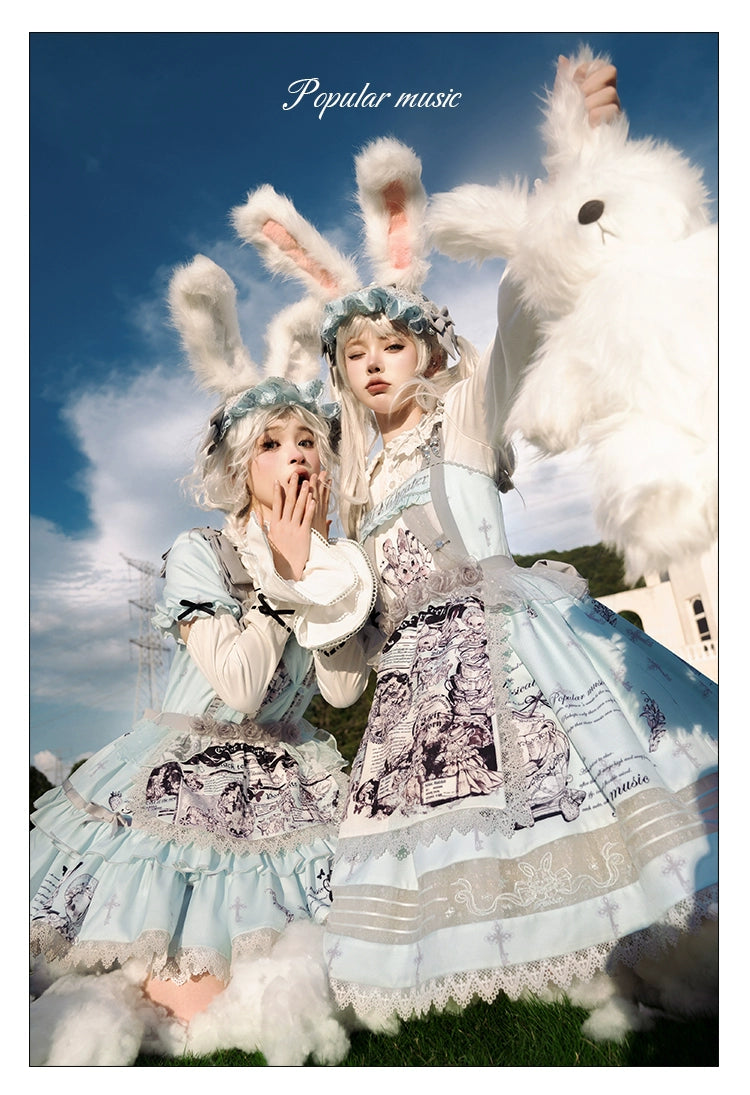 Honey Machine~Doll Theater~Sweet Lolita OP/JSK Bunny Print Daily Lolita Dress   