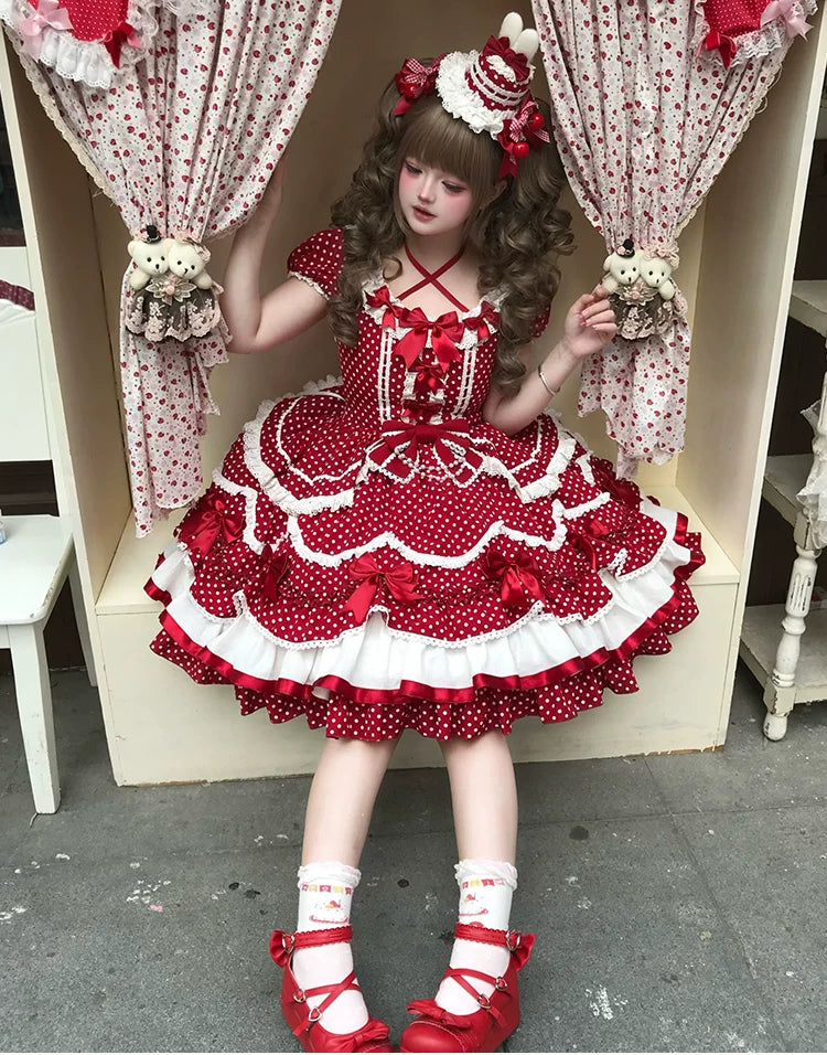 Berry Dew Drops - Red Old School Lolita OP Dress, Polka Dot