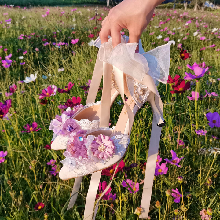 Sky Rabbit~Hanami Season~Wedding Lolita Heel Shoes with Floral Decoration