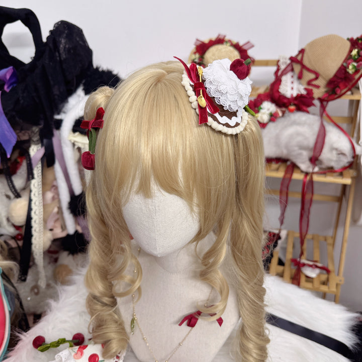 Chestnut Lolita~Sweet Lolita Headdress Cherry Hair Clip Straw Hat Necklace Handmade Set a white mini cake headdress  