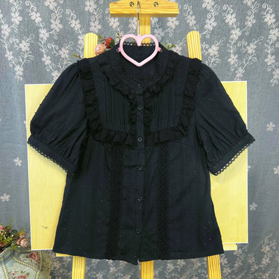 DMFS Lolita~Sweet Lolita Blouse Cotton Summer Short Sleeve Shirt S Black 