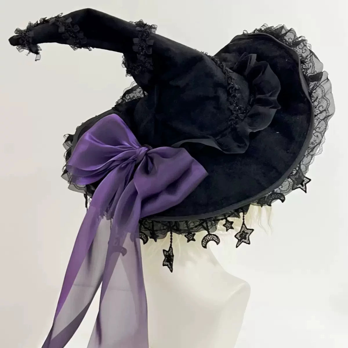 Gothic Lolita Witch Hat, Detachable Bow Purple Hat (with moon & star brim) + Purple Bow