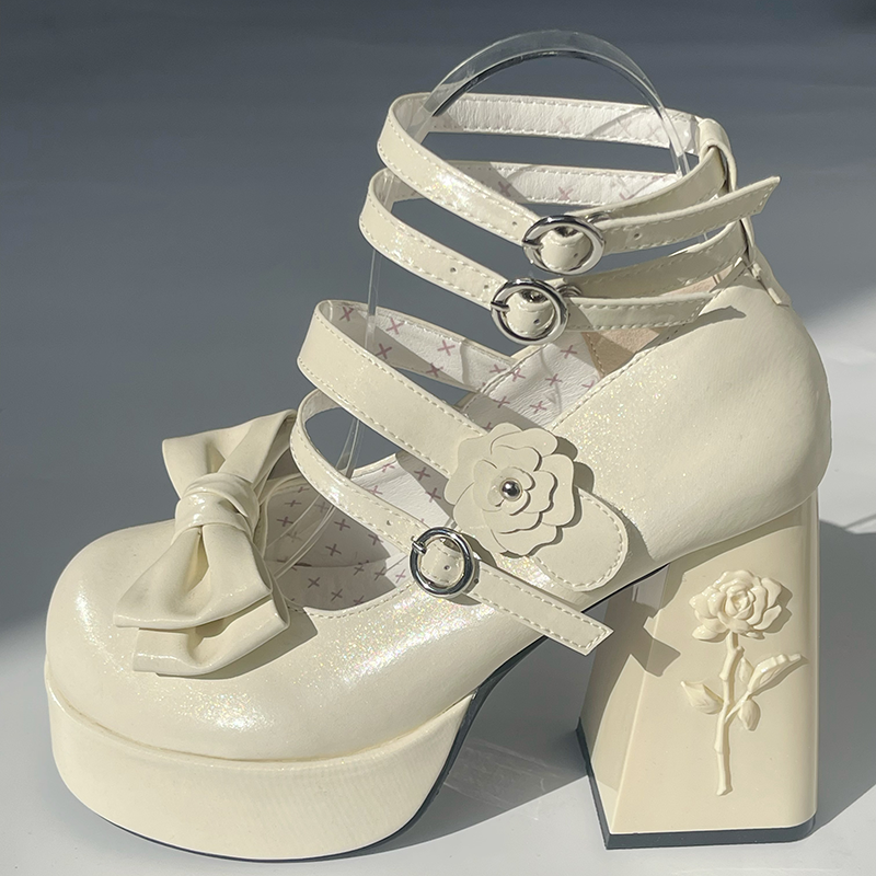Dreamland - 11 cm Sweet Lolita Shoes with High Platform & Rose Print Heel Champagne 34