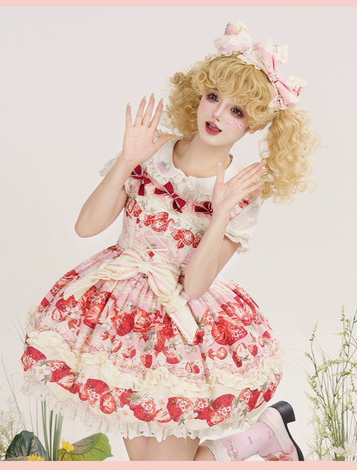 Strawberry Fantasia~Sweet Lolita OP Dress Set Puffy Skirt Long JSK and Shirt Strawberry Flower Bud JSK Only S