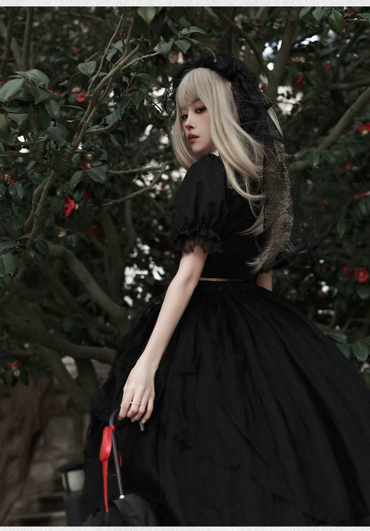 With PUJI~Evil Flower~Gothic Lolita Skirt Set Rose Embroidered Hollow Out Blouse 39596:631144