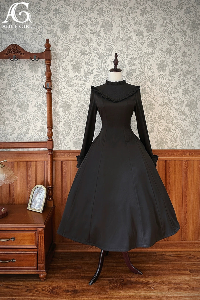 (BFM)Alice Girl~Black Lolita OP Dress Embroidered Winter Dress XS OP dress only (black embroidery) 