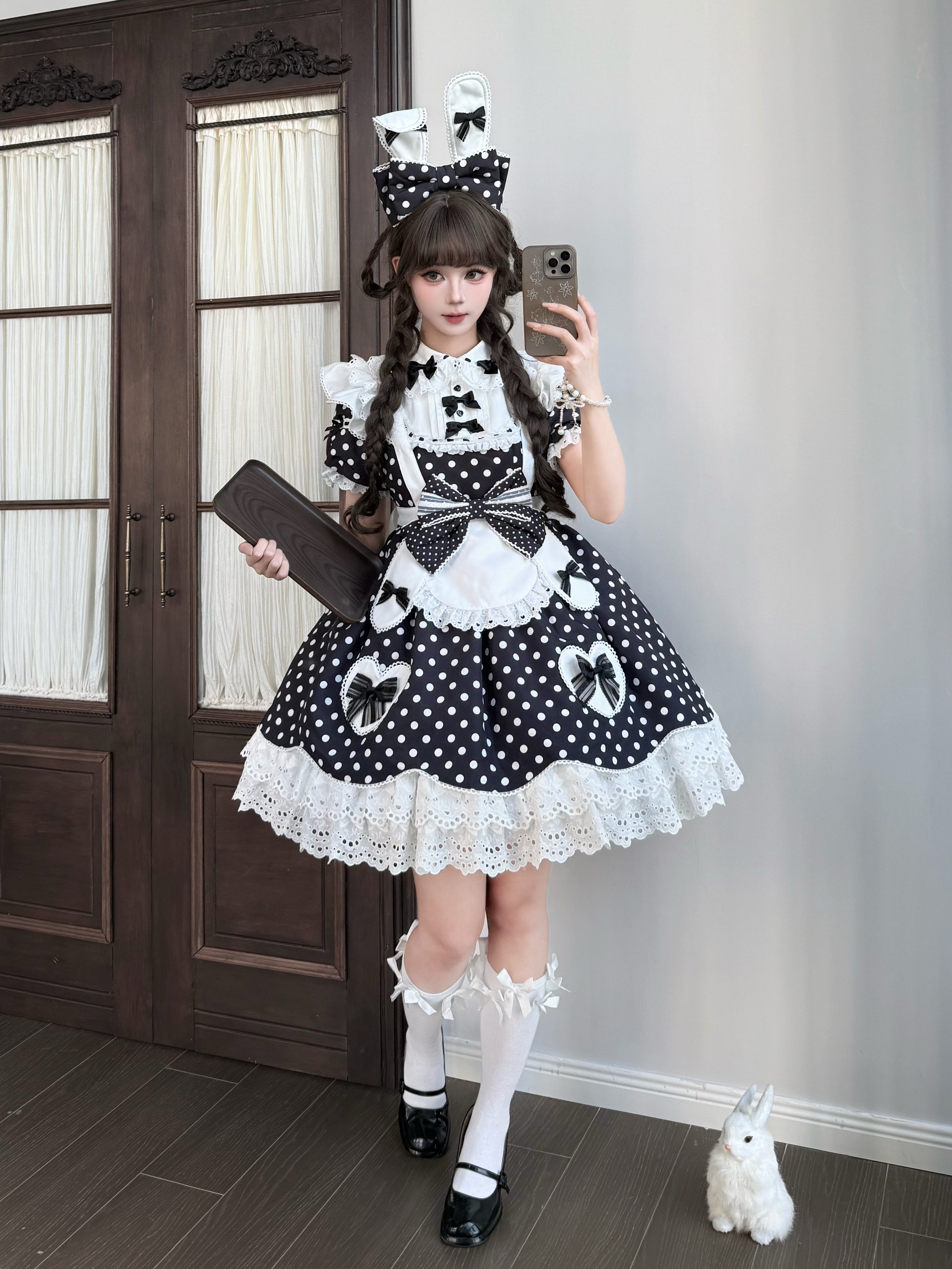 Bunny Kissaten - Four Colors Old School Lolita Polka Dot OP, Bunny Ear Apron 45824:864303