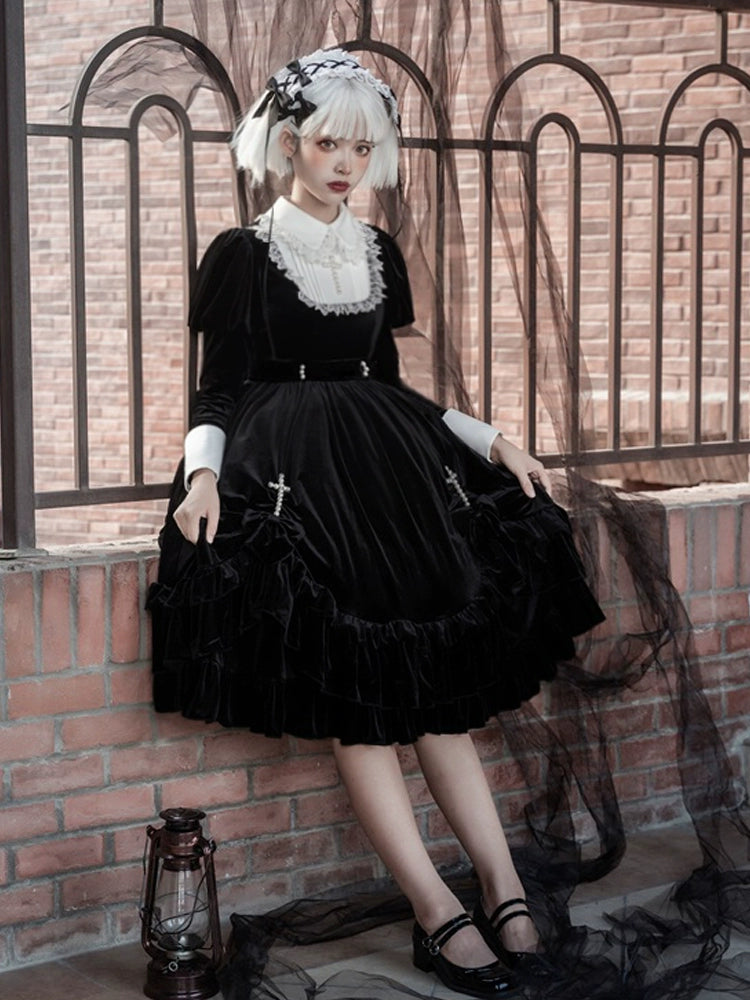 Your Princess - Gothic Lolita Velvet Maid OP Dress, Pearl Cross Accents 44047:794498