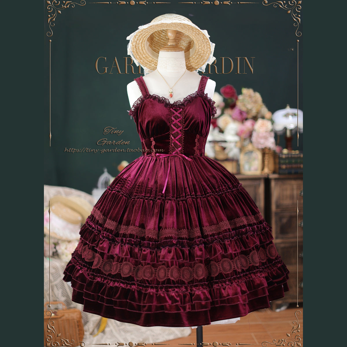 (BFM)Tiny Garden~Elegant Chiffon Lolita Dress Silky Short Dream Bouquet JSK S Wine red 