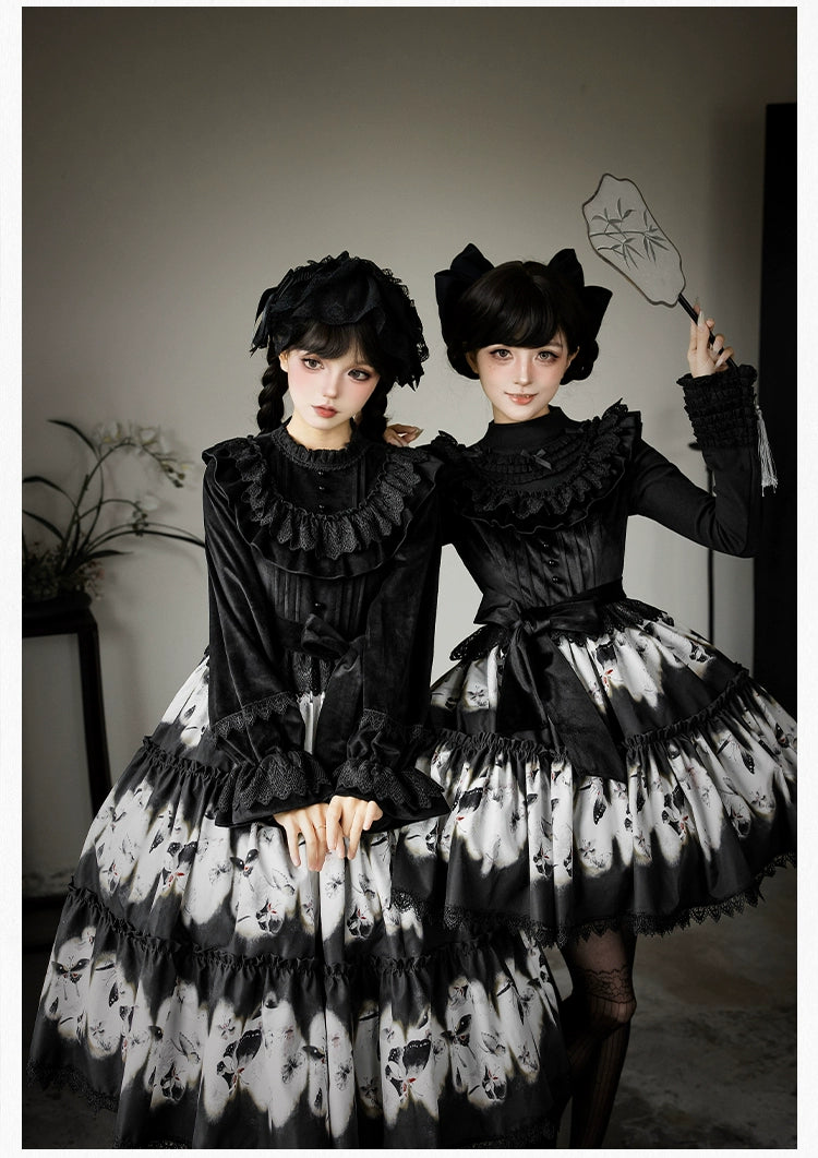 With PUJI - Dead Leaf Butterfly - Gothic Lolita JSK & OP Dress Set, Butterfly Print 44346:805389