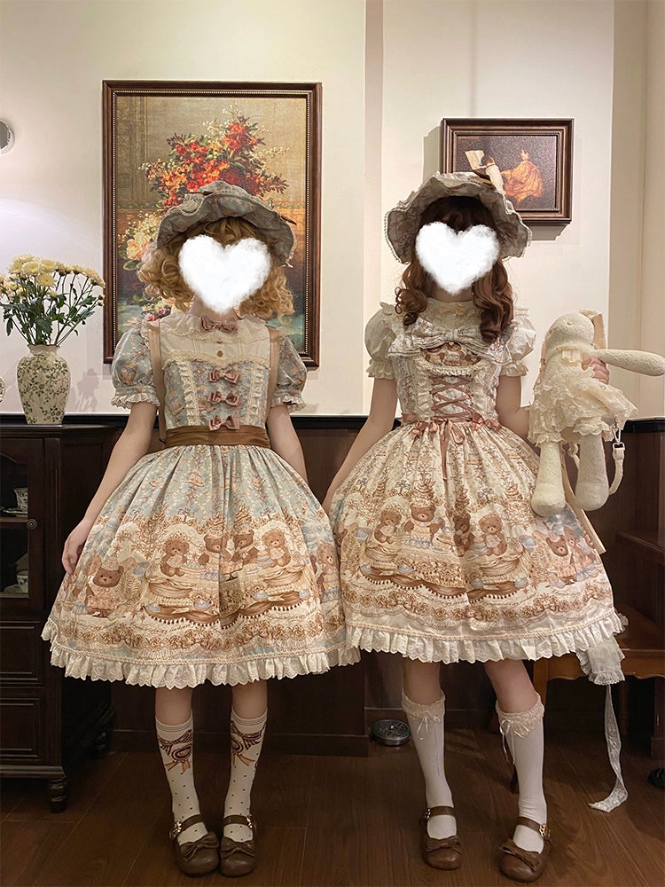 Wendy's Wardrobe - Macaron Bear - Cotton Kawaii Lolita Dress Suit, Bear & Dessert Print