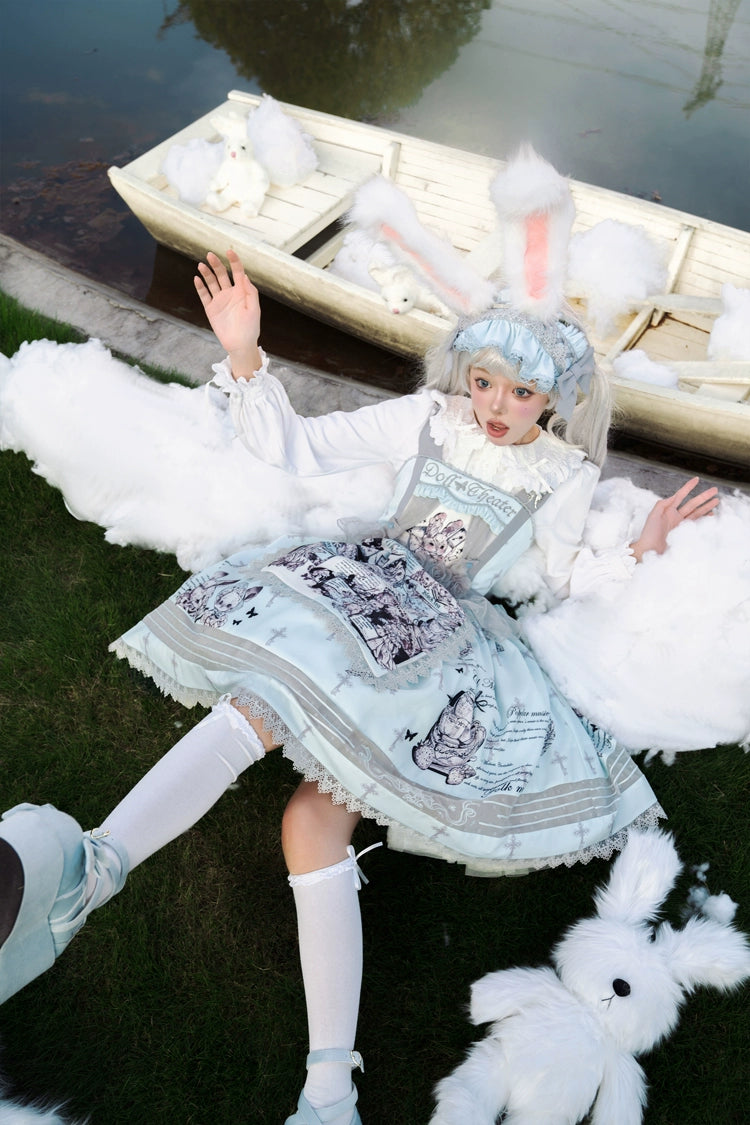 Honey Machine~Doll Theater~Sweet Lolita OP/JSK Bunny Print Daily Lolita Dress S JSK with apron 