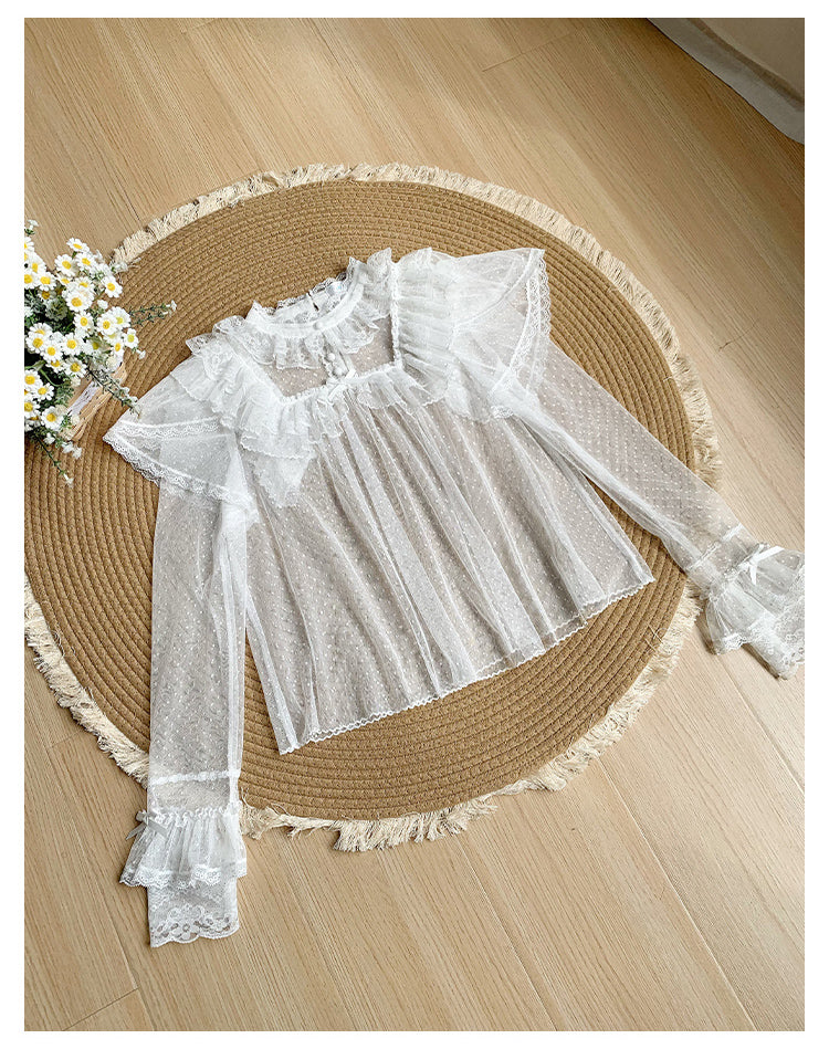 Summer Classic Lolita Shirt with Dotted Tulle and Long