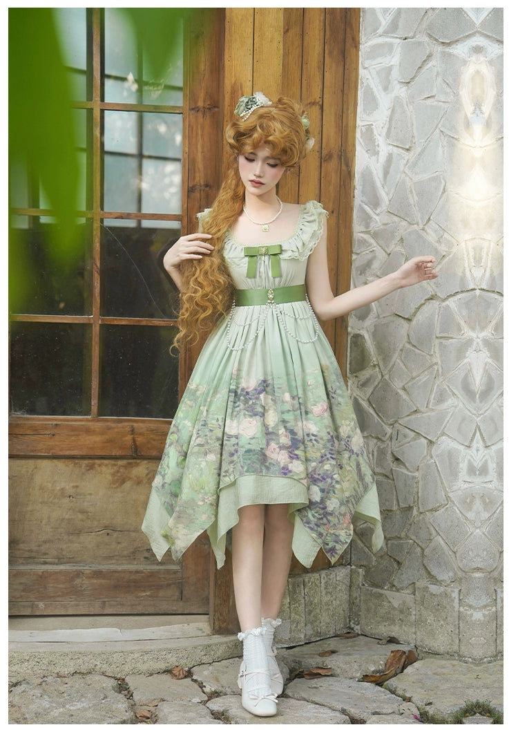 With PUJI~Blooming Rose~Chiffon Classic Lolita Dress Set Painting Styled OP & JSK