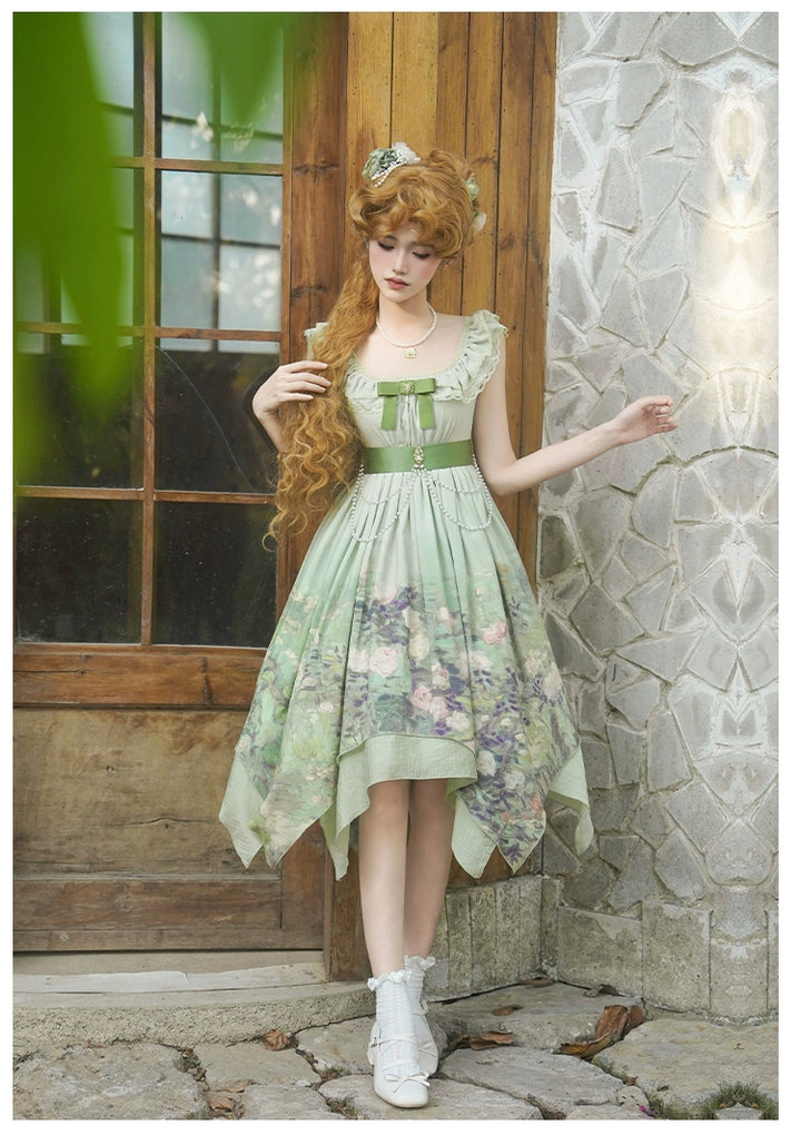 With PUJI~Blooming Rose~Chiffon Classic Lolita Dress Set Painting Styled OP & JSK