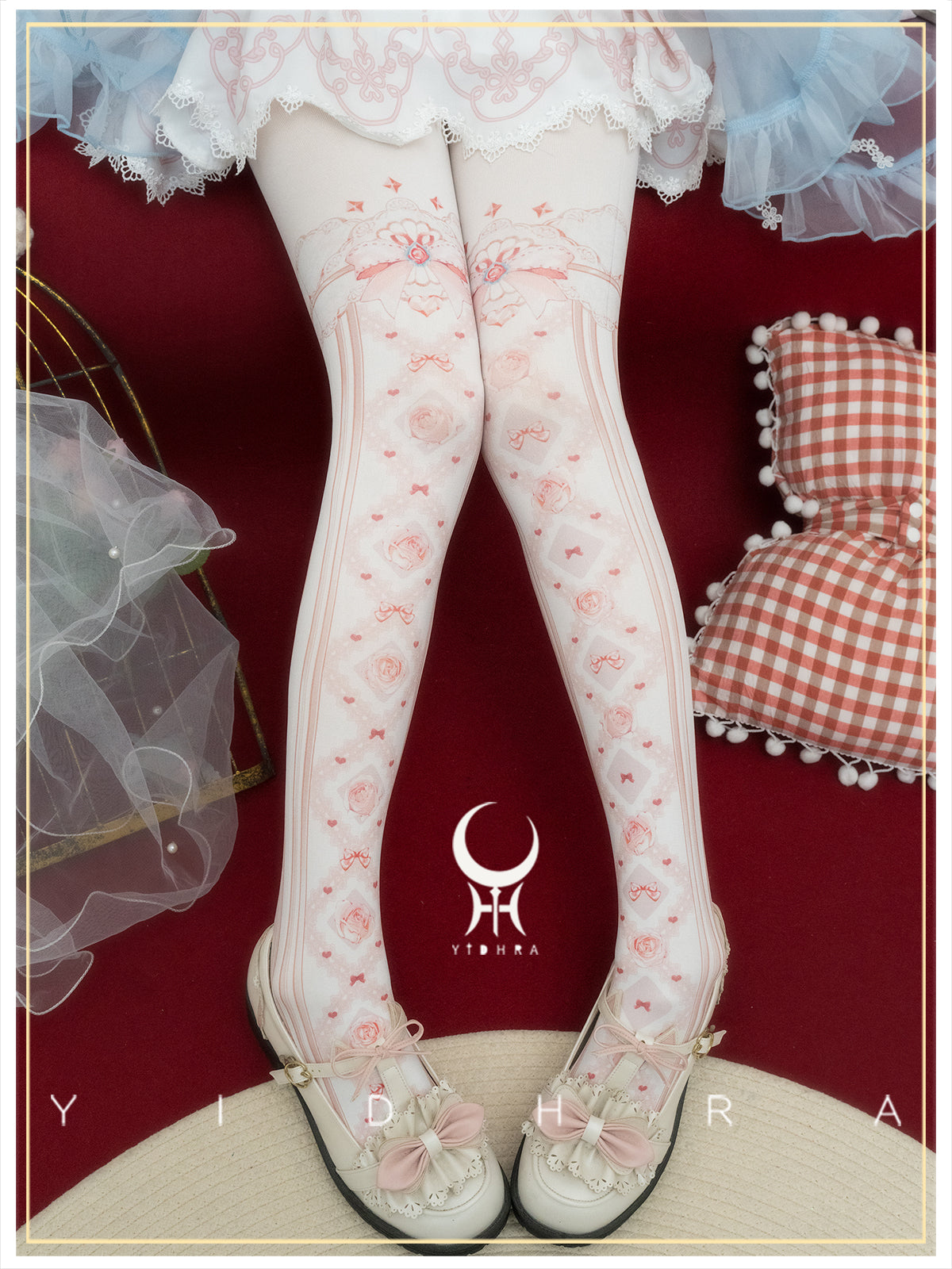 Yidhra - Sweet Entanglement - Gothic Lolita Pantyhose with Floral Prints Red