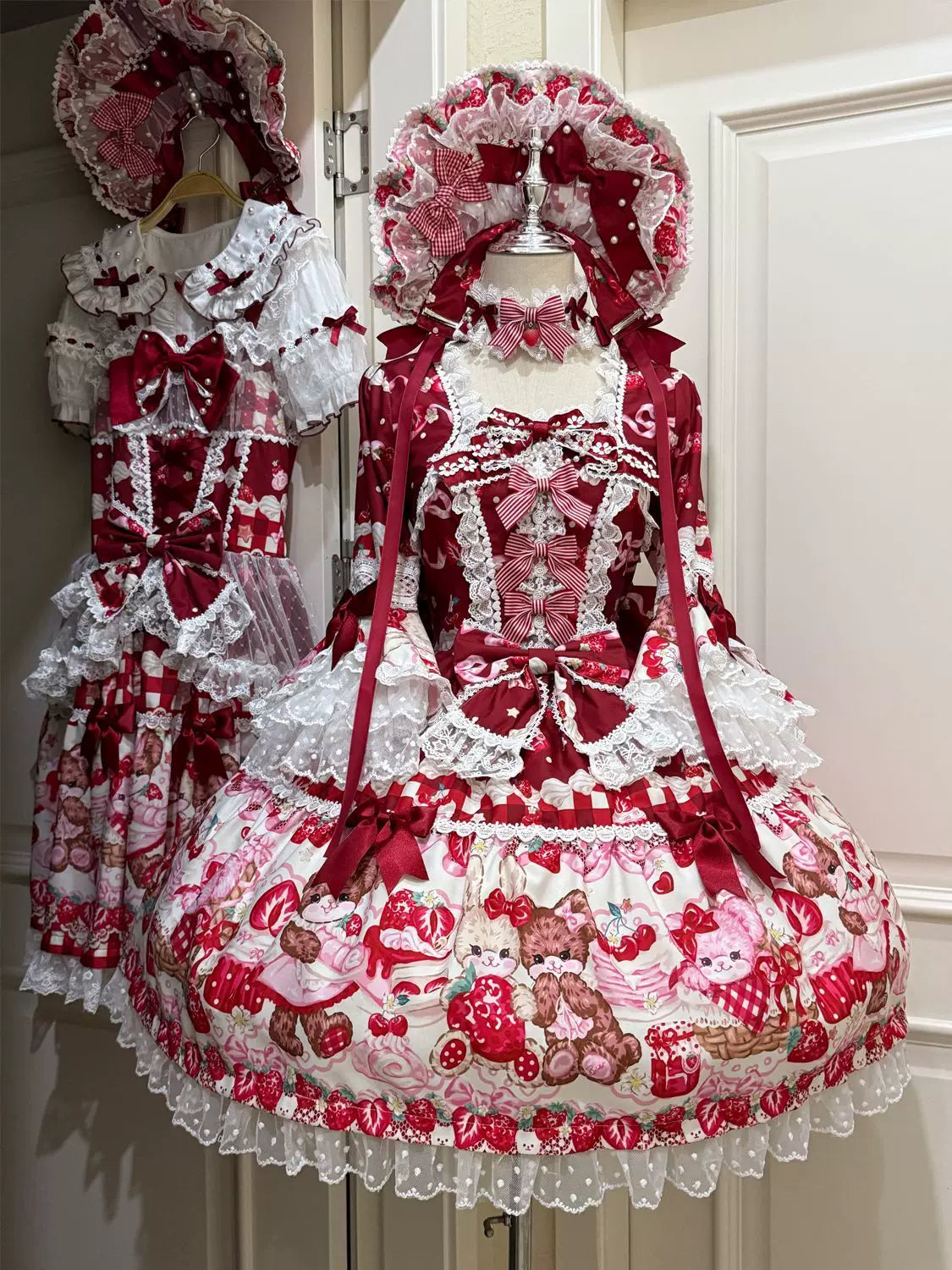 SweetBerry Bunny Bear - Sweet Lolita Hime Sleeve OP Dress, Strawberry and Bear Print Red - OP Only S