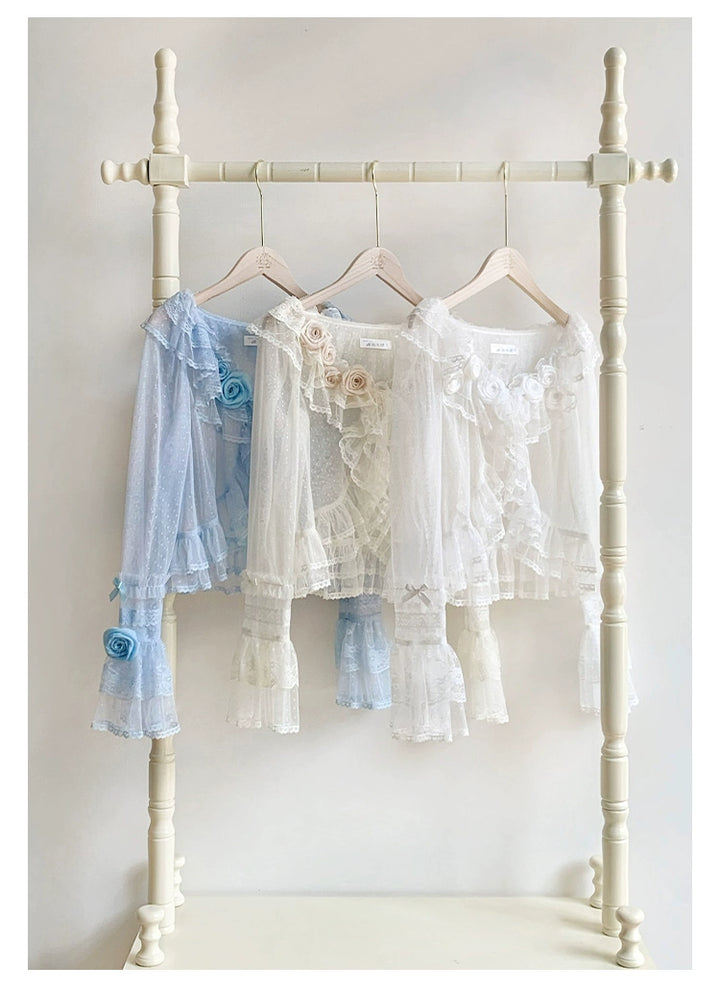 With PUJI~Flower Visage~Summer Lolita Sheer Cardigan with Rose Brooch