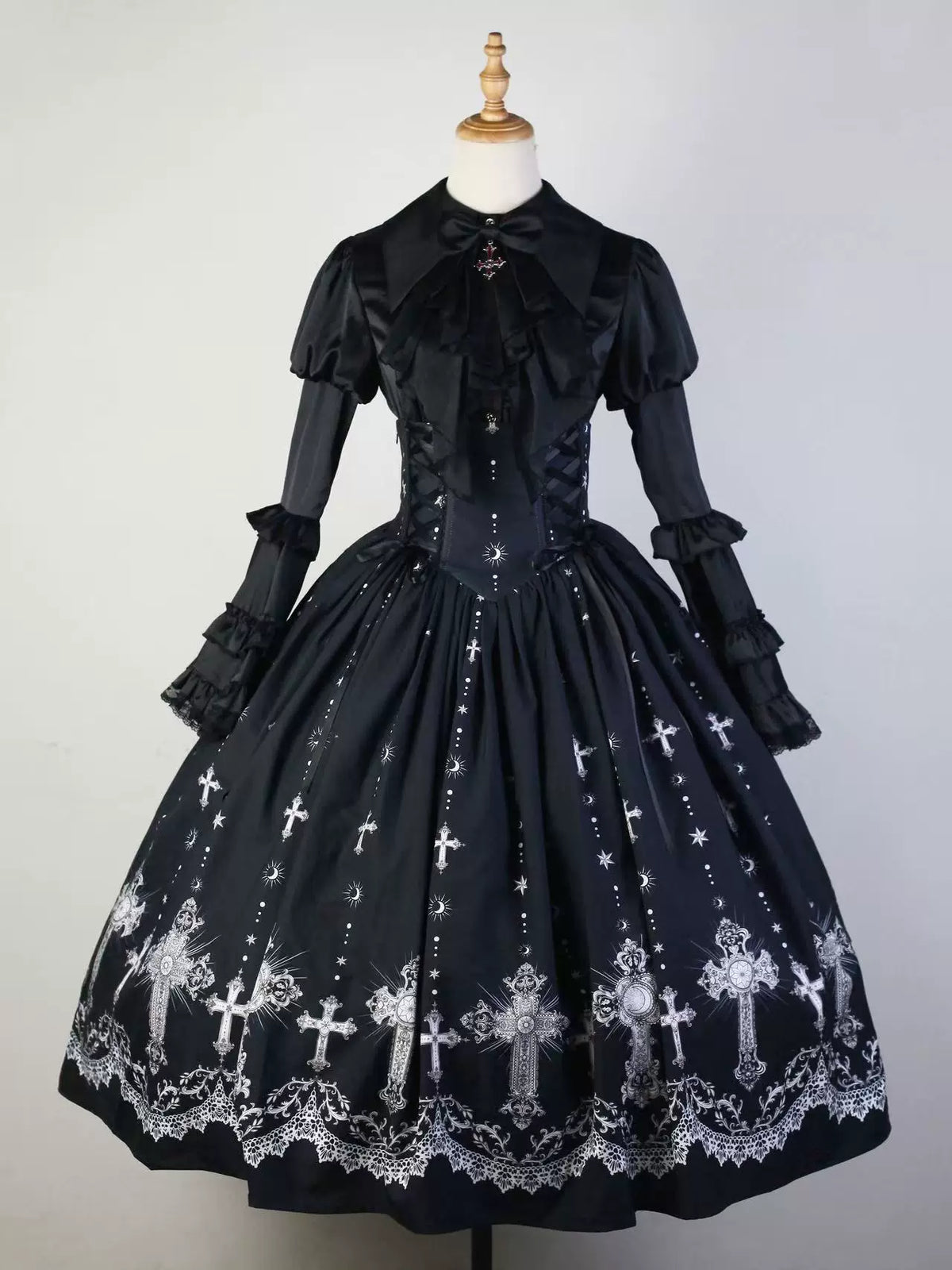 Star Remains Prayer - Elegant Gothic Lolita JSK & OP Dress Set, Cross & Moon Prints (L M S XL) 46014:872468