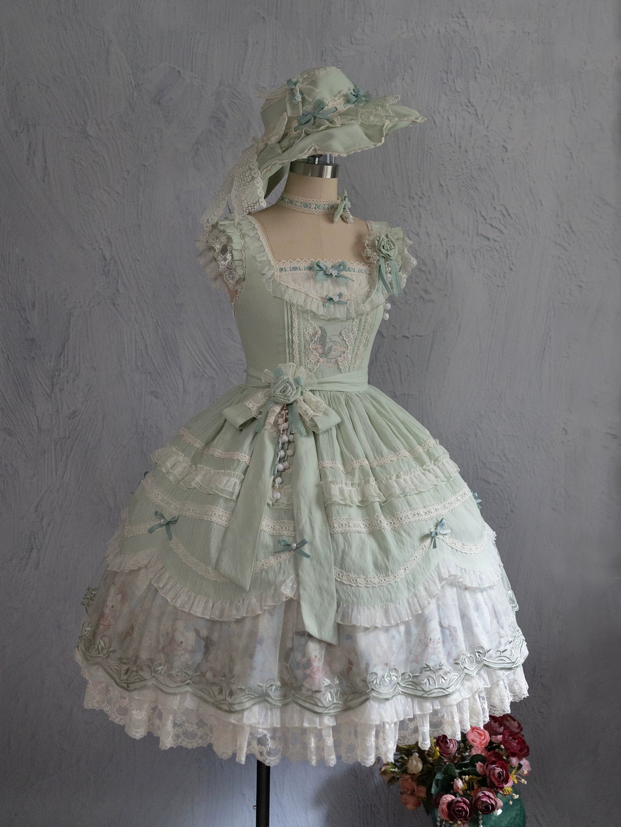 Lily of the Valley Lamb - Classic Lolita Tiered Hem JSK Dress with Embroidery (M S XS / Pre-order) 45277:852085