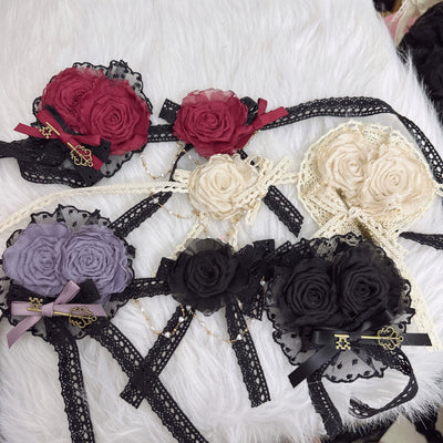 Chestnut Lolita~Elegant Lolita Rose Choker Handmade Headdress Set Multicolors a black and purple rose flower headdress  