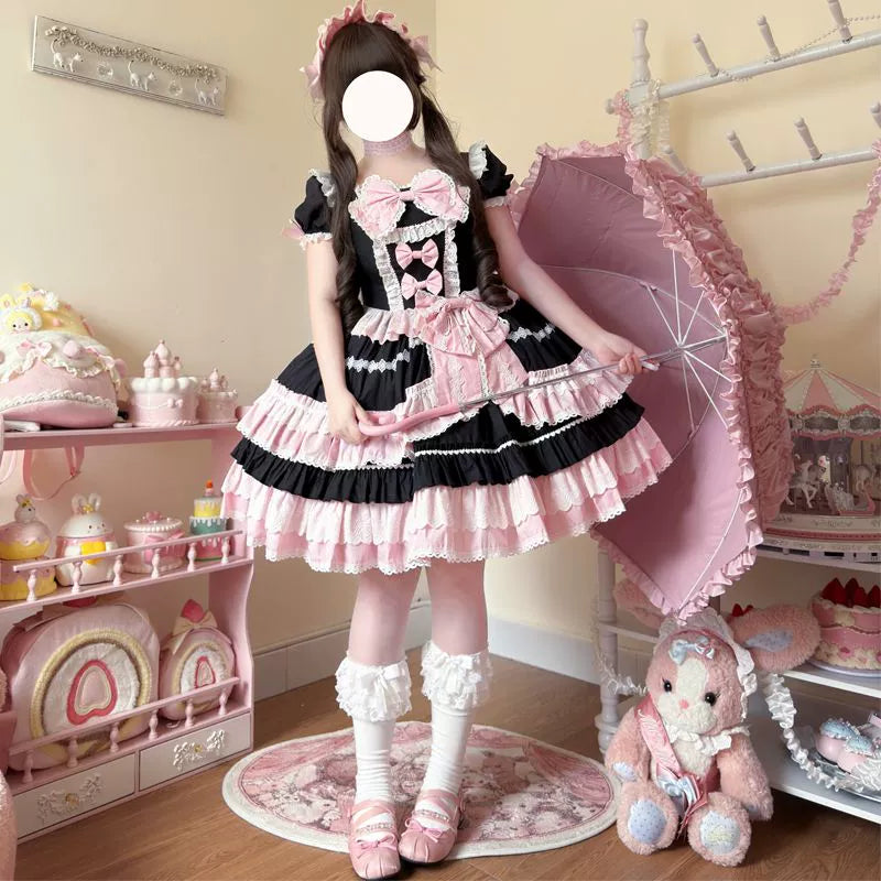 Hanguliang~Showa Flower Butterfly~Pink Sweet Lolita OP Dress With Bows & Lace Trim